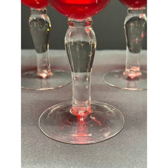 Set of 5 Handblown Ruby Red Bell-Shaped Goblets with Clear Stems – Elegant - Picture 10 of 12